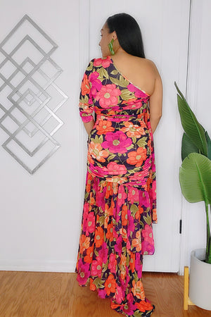 081224 Florals Print One Shoulder Top and Skirt Set