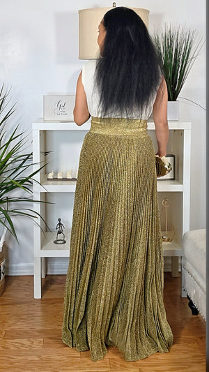 112725 Gold Metallic Pleated Maxi Skirt with a Belt Preorder