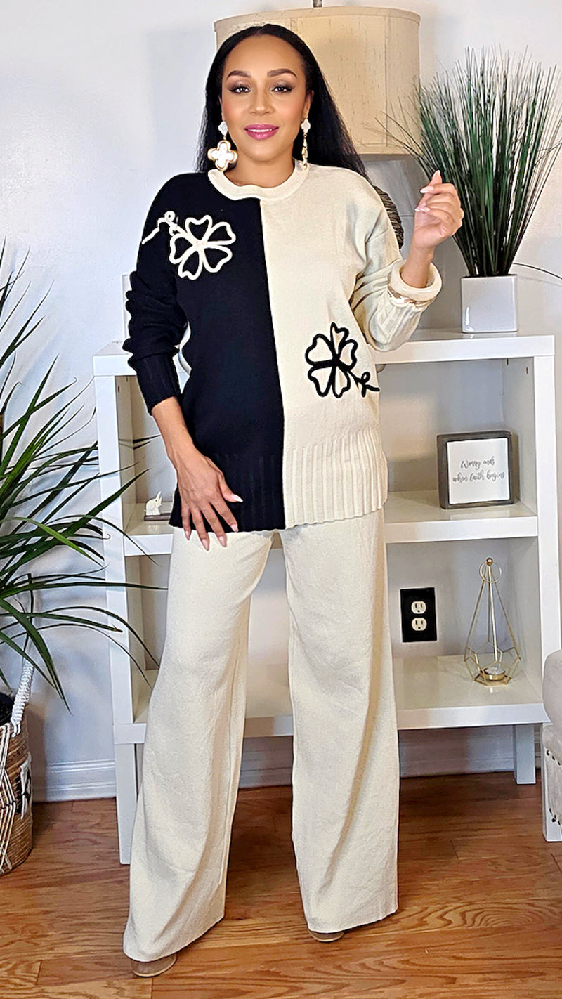 112025 Black & Ivory Bloom knit Pant & Top Set Preorder