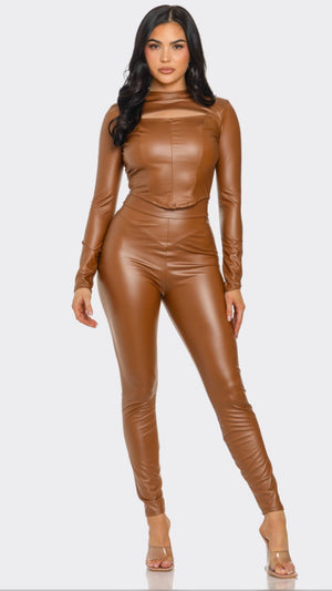 121224 Camel Faux leather legging high waist stretch solid pant