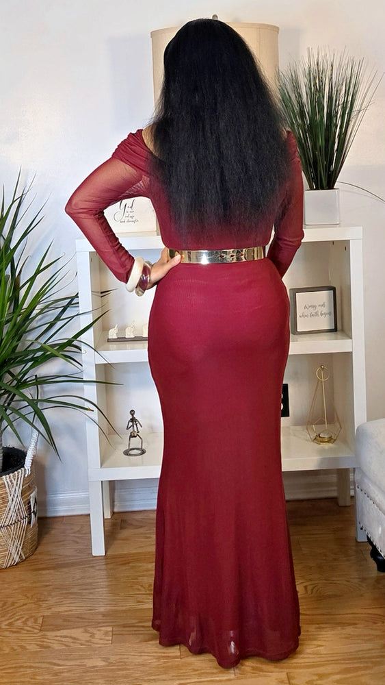 112725 Wine Whisper Off-Shoulder Mesh Maxi Dress