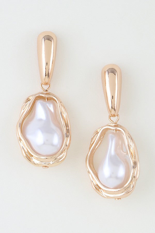 120125 Abstract Pearl Stone Frame Drop Earrings