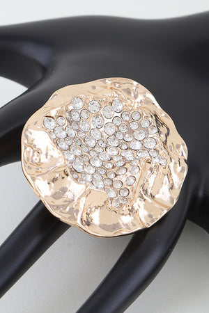 120125 Hammered Rhinestone Ripple Statement Ring- Gold clear