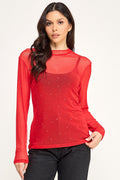 120425 Sheer Rhinestone Mesh High Neck Top- Red