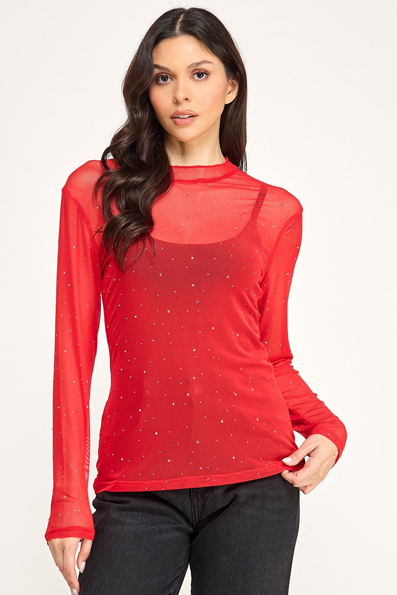 120425 Sheer Rhinestone Mesh High Neck Top- Red