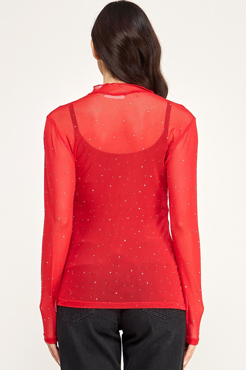 120425 Sheer Rhinestone Mesh High Neck Top- Red