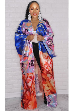 092222 Blue Orange Print Kimono Duster One Size Fit All