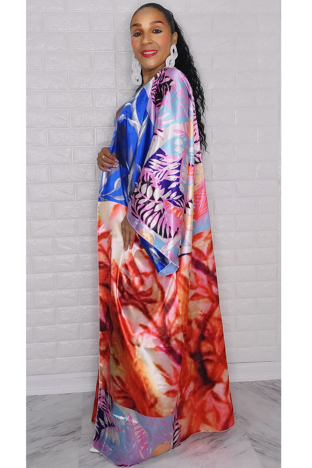 092222 Blue Orange Print Kimono Duster One Size Fit All