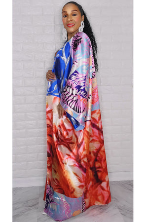 092222 Blue Orange Print Kimono Duster One Size Fit All