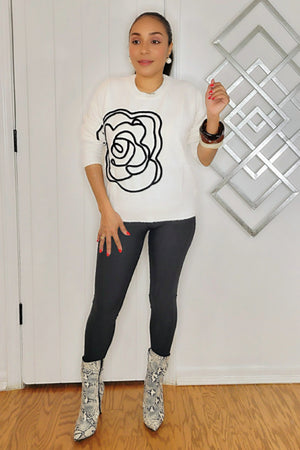 090623 White Black Rib long Sleeve Flower Print Sweater