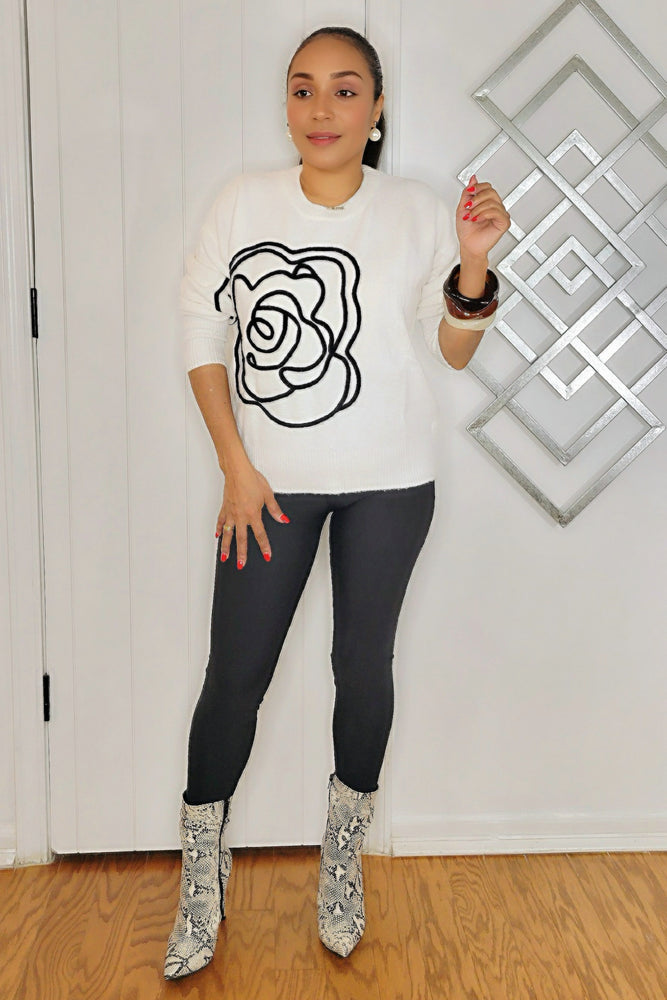 090623 White Black Rib long Sleeve Flower Print Sweater