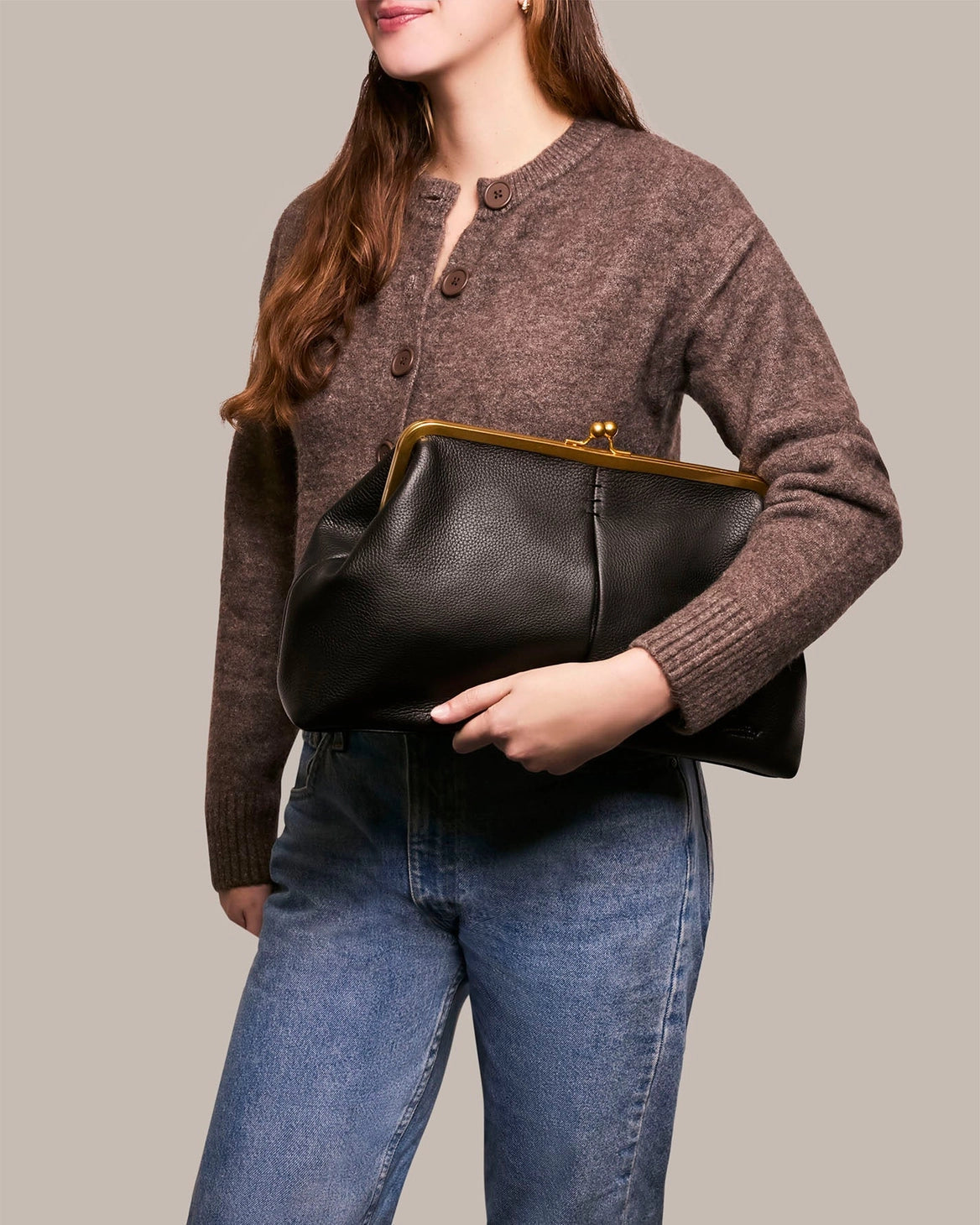 Grace Raffia Oversized Kiss Lock Clutch -  Black