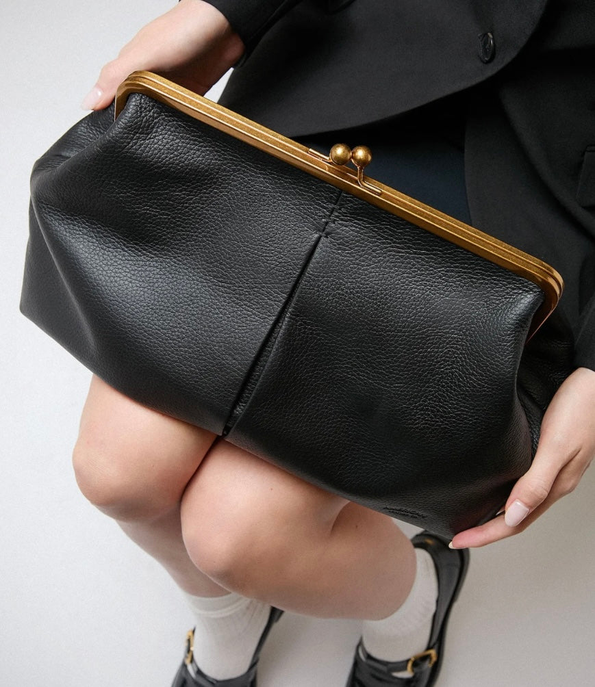 Grace Raffia Oversized Kiss Lock Clutch -  Black