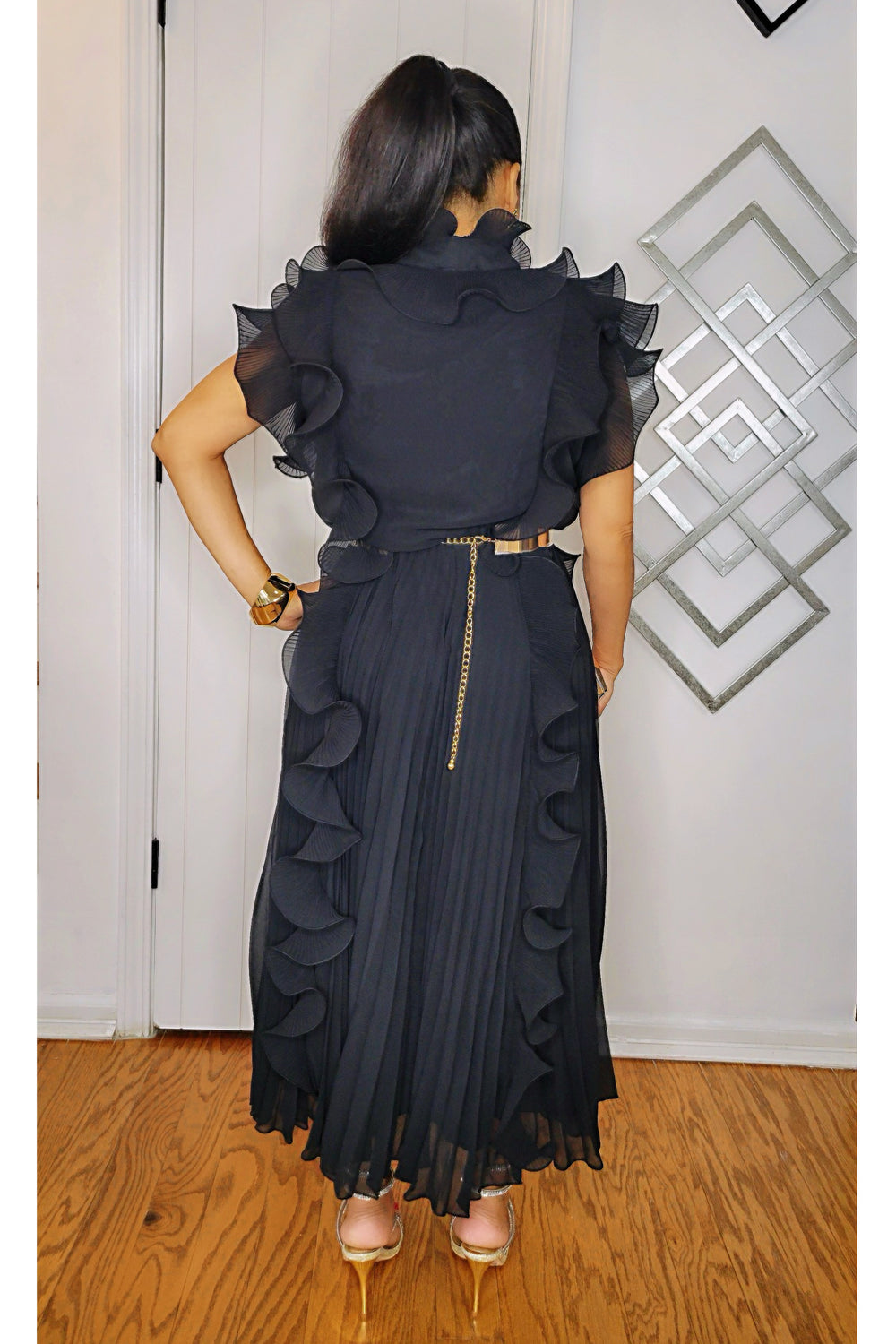 082324 The Black Party Ruffle Midi Dress