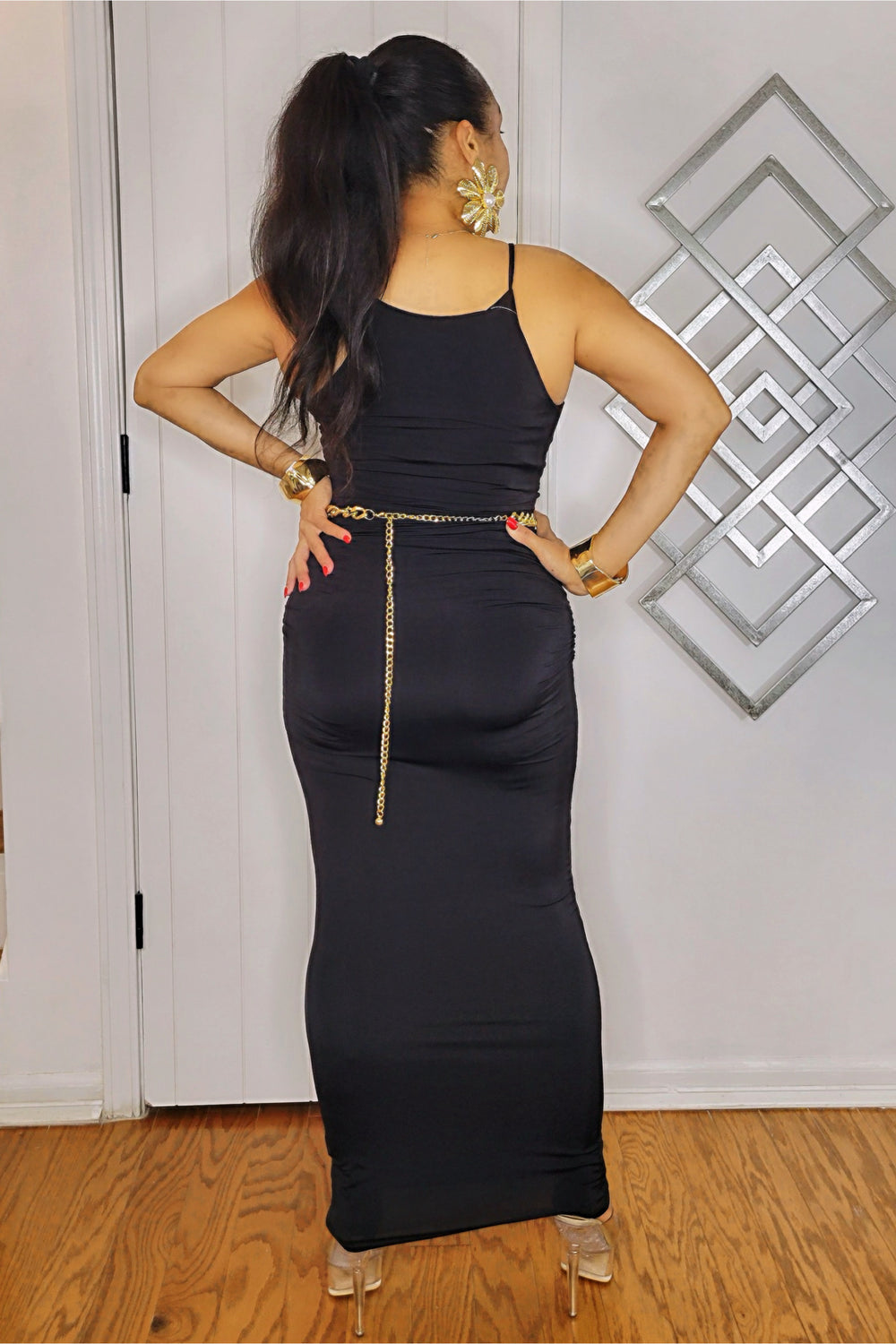 082224 Black Ruched Spaghetti Strap Maxi Dress