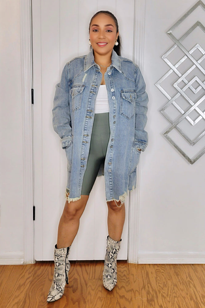 081424 Medium Wash Distressed Denim Oversize Western Shirts Jacket