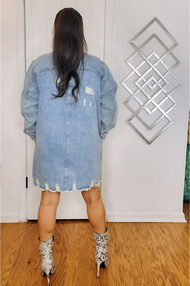 081424 Medium Wash Distressed Denim Oversize Western Shirts Jacket