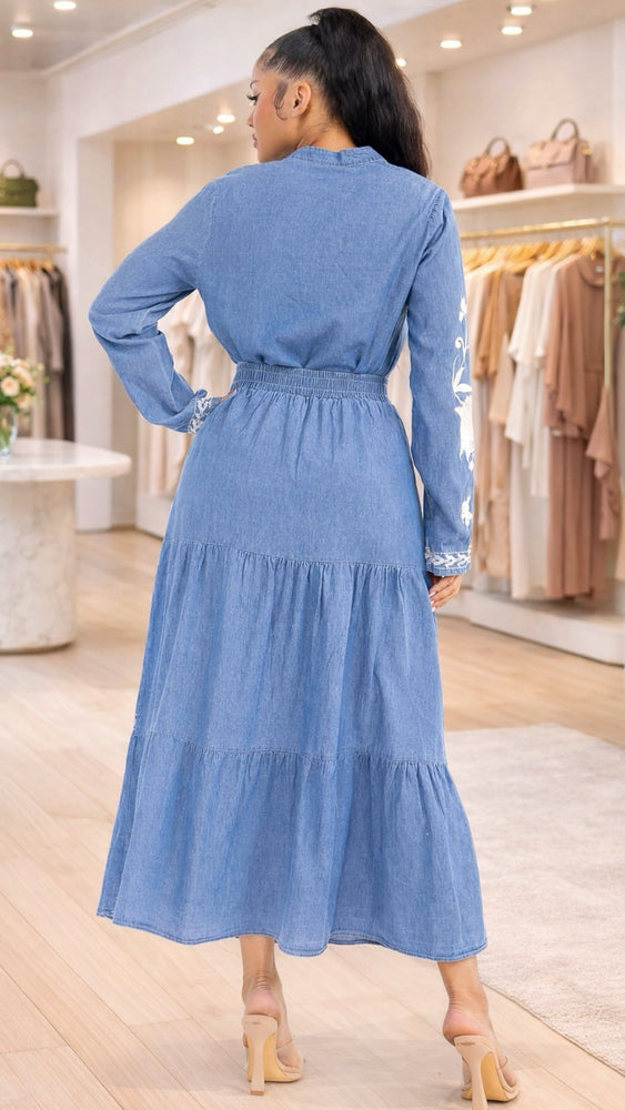 012225 Soft Denim Set Skirt And Long Sleeve Blouse.