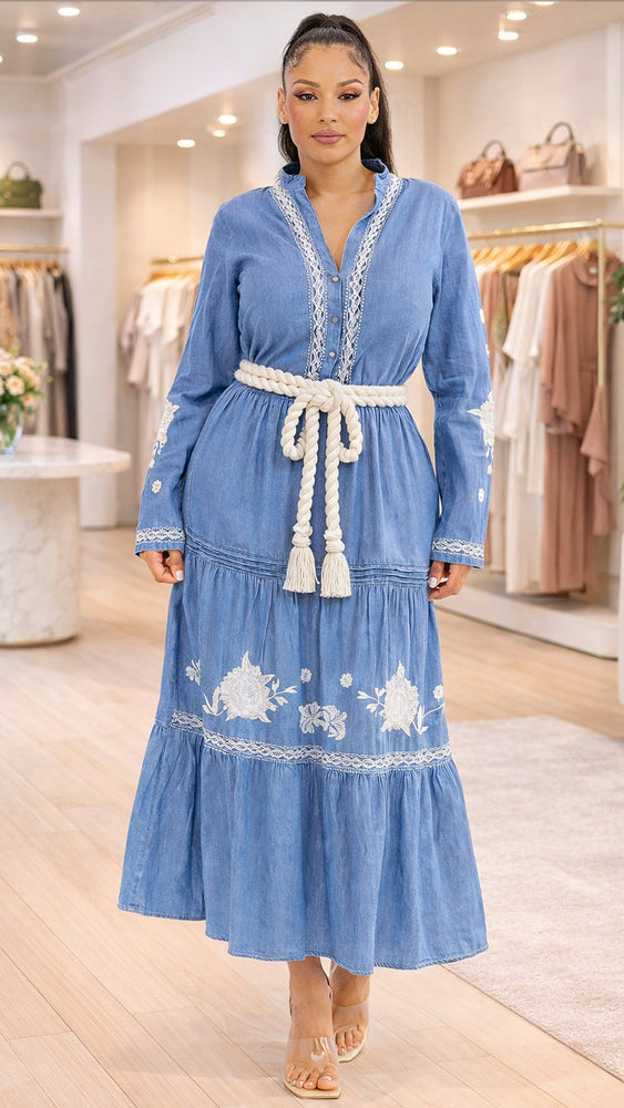 012225 Soft Denim Set Skirt And Long Sleeve Blouse.