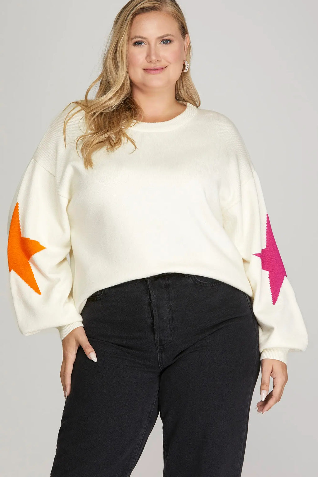 021126 Off White Star Patterned Long Sleeves Sweater Top