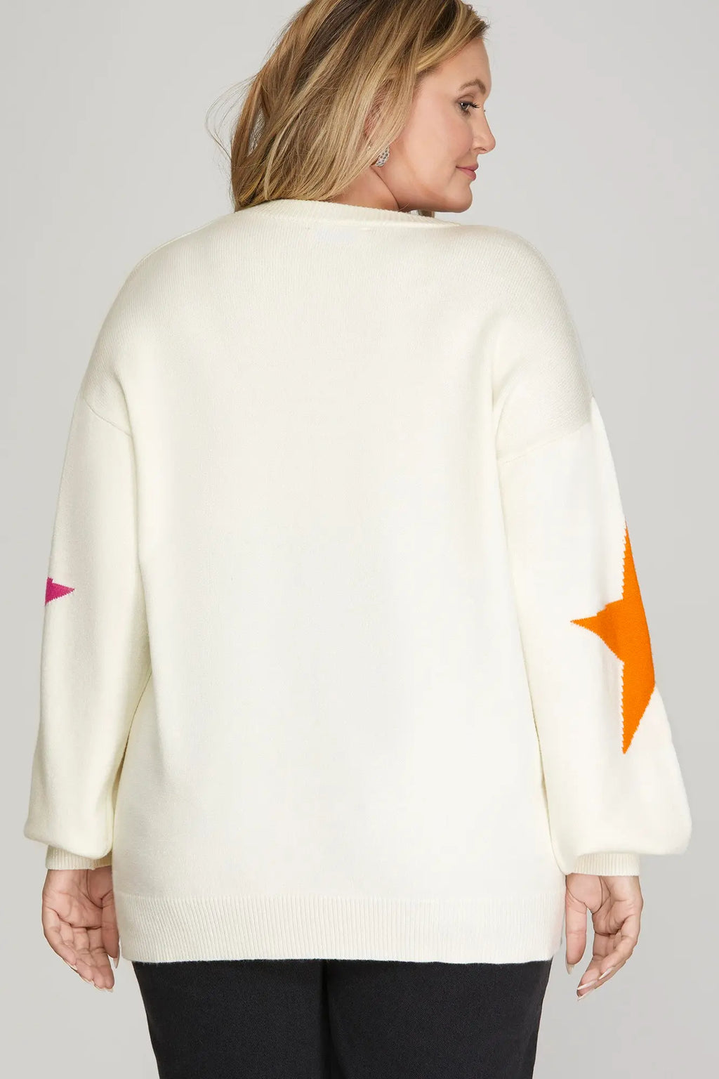 021126 Off White Star Patterned Long Sleeves Sweater Top