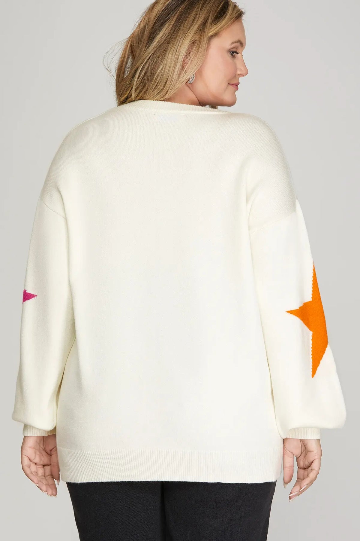 021126 Off White Star Patterned Long Sleeves Sweater Top
