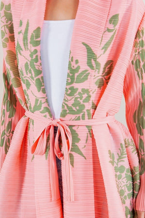 091824 Pink Florals Print Long Wrinkle Shawl Collar Belted Coat