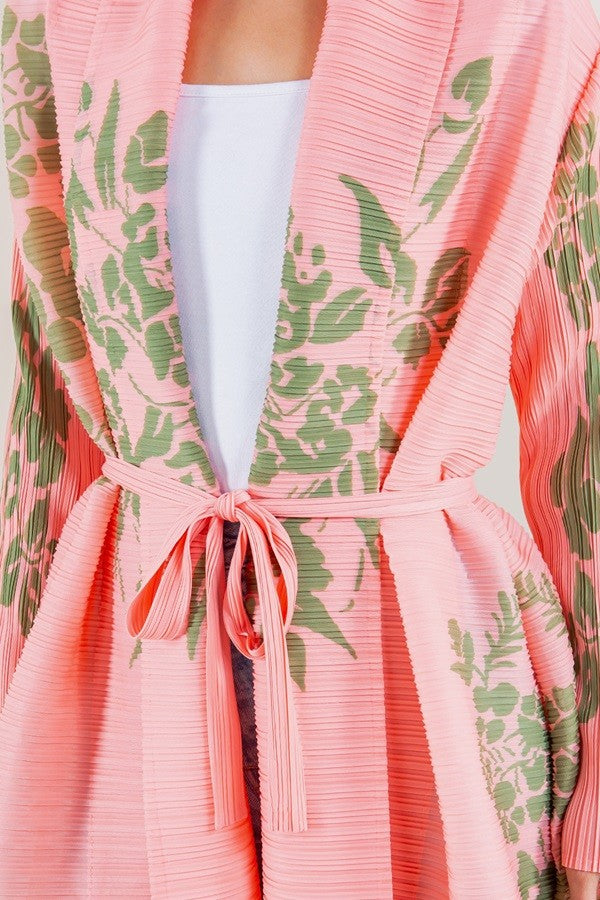 091824 Pink Florals Print Long Wrinkle Shawl Collar Belted Coat