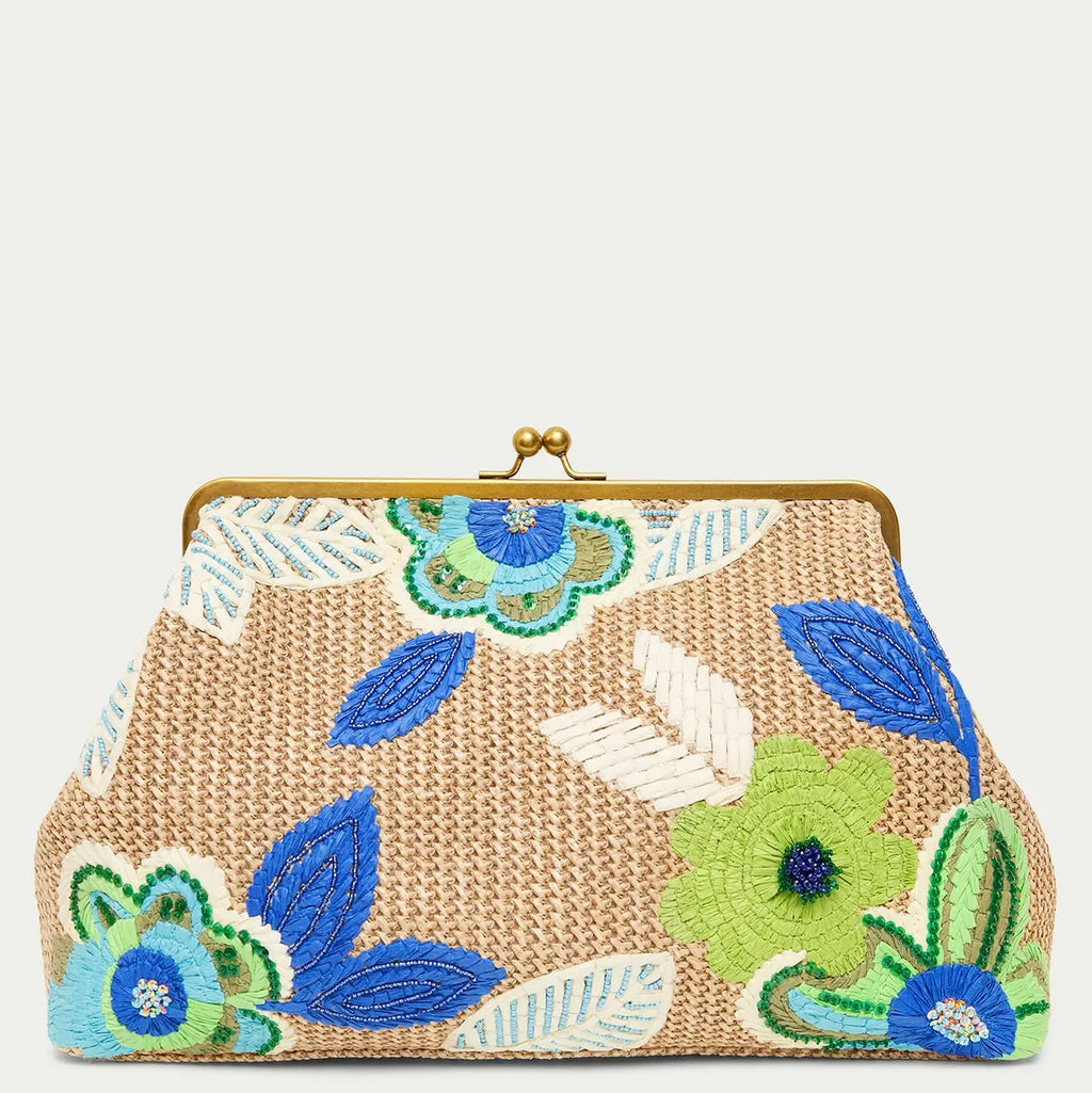 Grace Raffia Oversized Floral Embroidered Kiss Lock  Clutch- Cool Lagoon