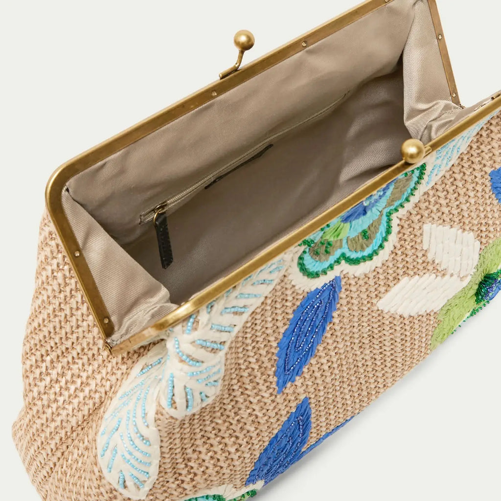Grace Raffia Oversized Floral Embroidered Kiss Lock  Clutch- Cool Lagoon