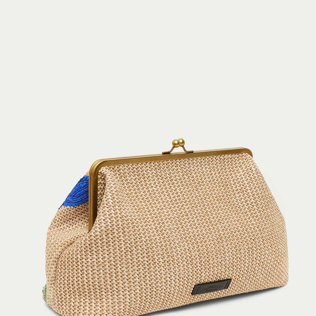 Grace Raffia Oversized Floral Embroidered Kiss Lock  Clutch- Cool Lagoon
