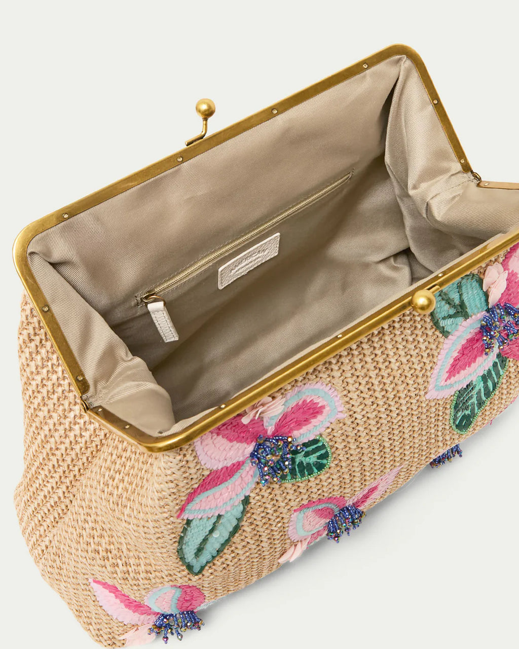 Grace Raffia Oversized Kiss Lock Clutch with Floral Embroidery-Playful Petals