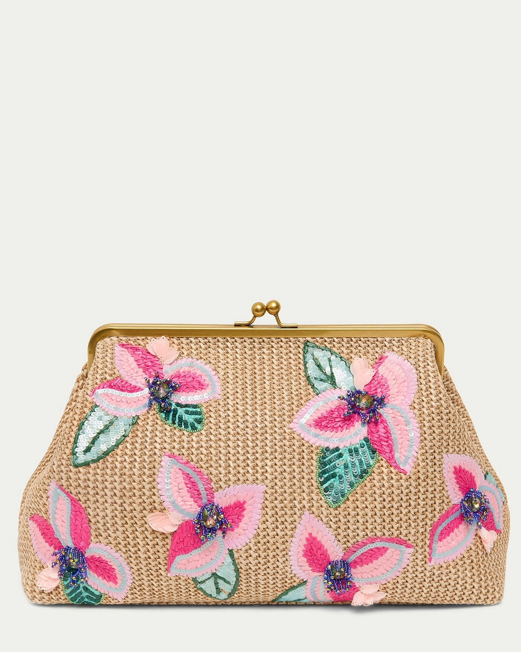 Grace Raffia Oversized Kiss Lock Clutch with Floral Embroidery-Playful Petals