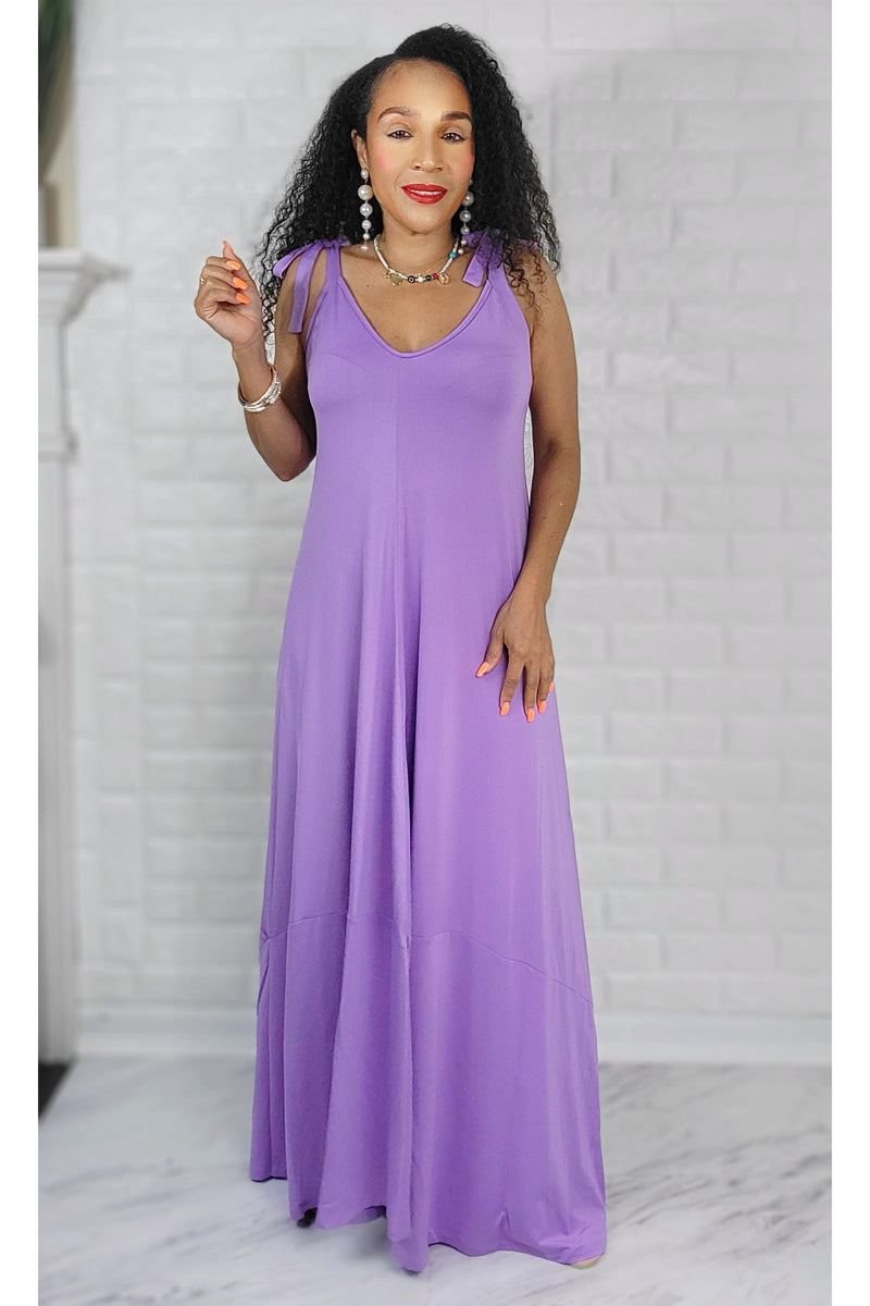060823 Purple V Neckline Self Strip Bow-Tie Maxi Dress