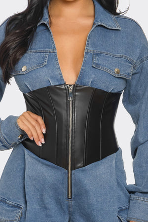 100424 The Cargo Denim Jumpsuit with Black Faux Leather Corset