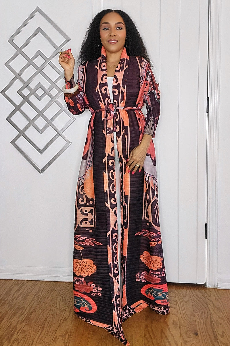 091824 Coral Florals Print Long Wrinkle Shawl Collar Belted Coat