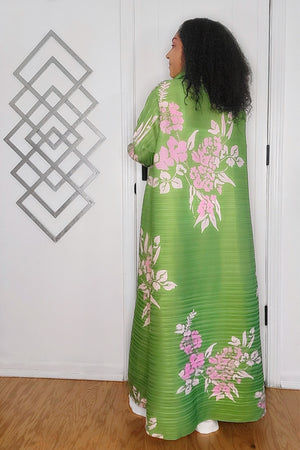 091824 Green Florals Print Long Wrinkle Shawl Collar Belted Coat