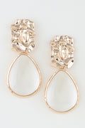 060826 Gold Clear Hammered Plate Stone Teardrop Earrings