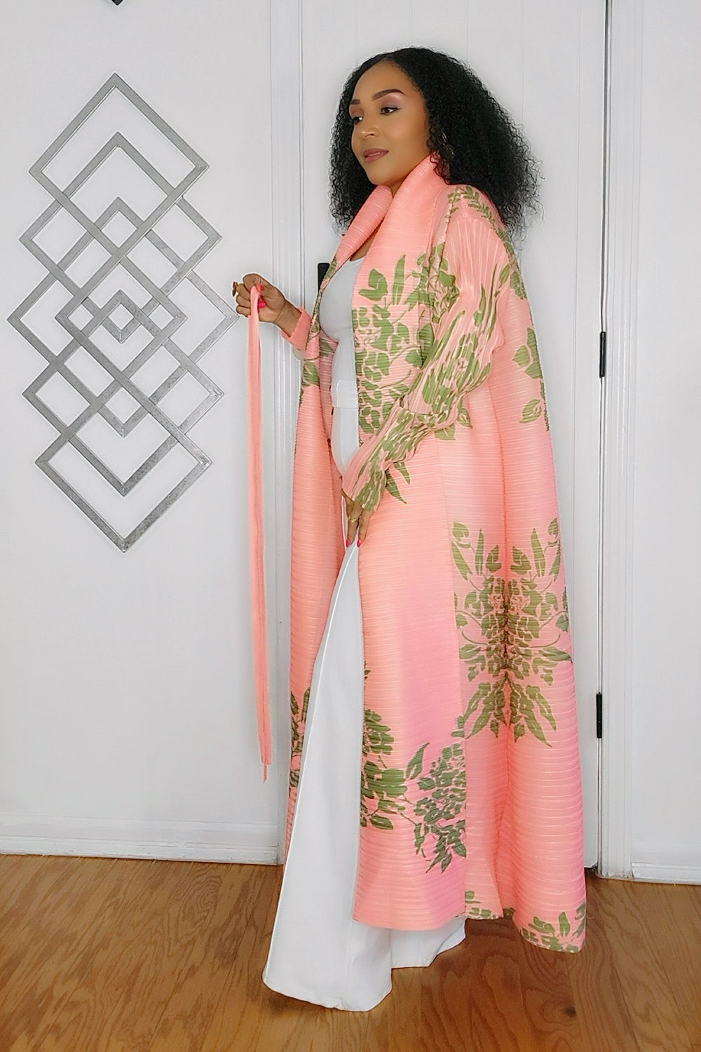 091824 Pink Florals Print Long Wrinkle Shawl Collar Belted Coat