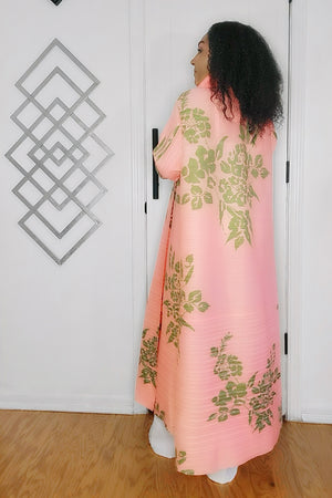 091824 Pink Florals Print Long Wrinkle Shawl Collar Belted Coat