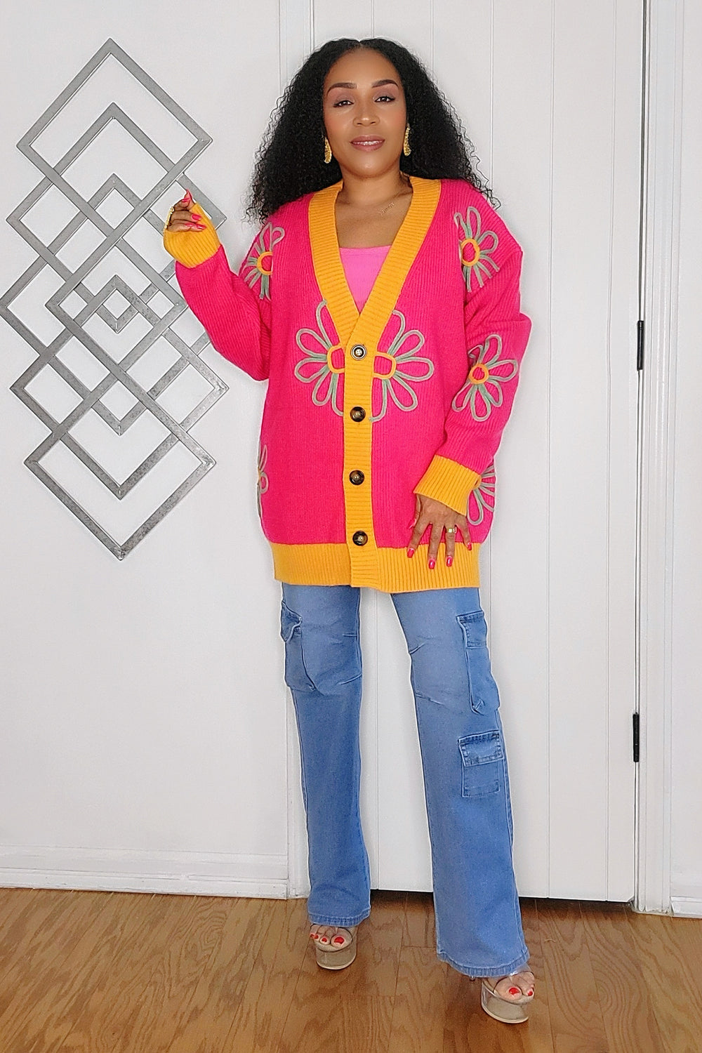 100924 Hot Pink Multi Contrast Panel Button Front Cardigan
