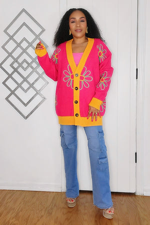 100924 Hot Pink Multi Contrast Panel Button Front Cardigan