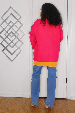 100924 Hot Pink Multi Contrast Panel Button Front Cardigan