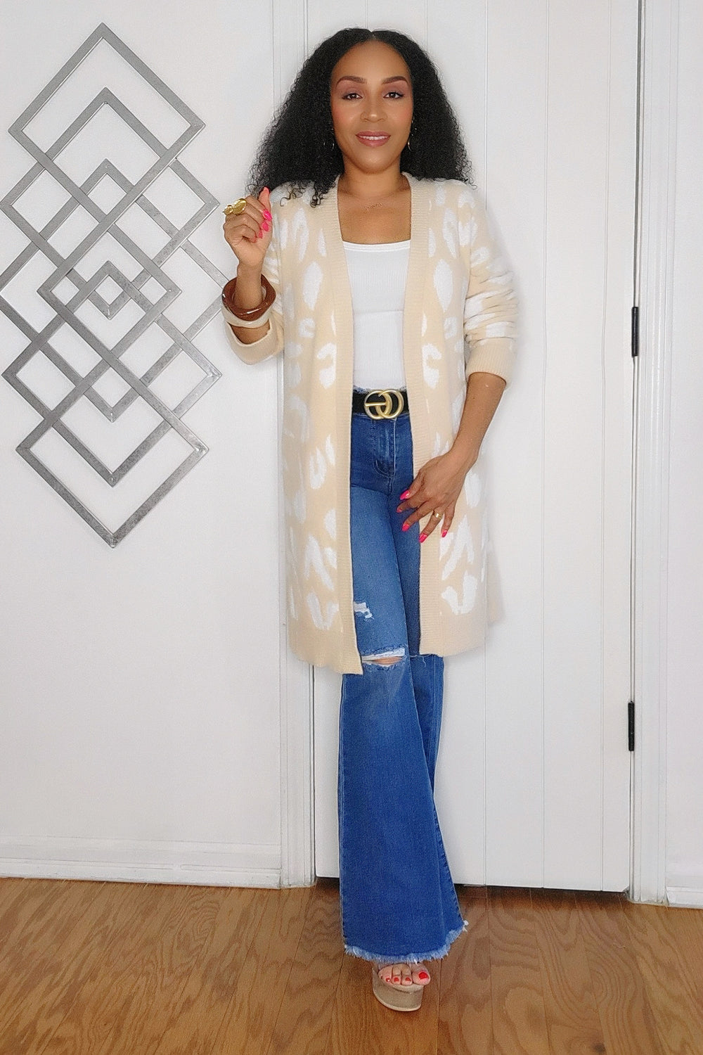 101024 The Ivory Animal Print Open Front Long Sleeve Cardigan Sweater