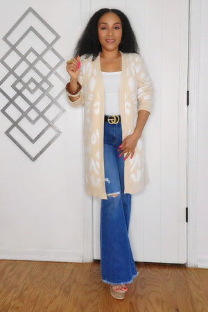 101024 The Ivory Animal Print Open Front Long Sleeve Cardigan Sweater
