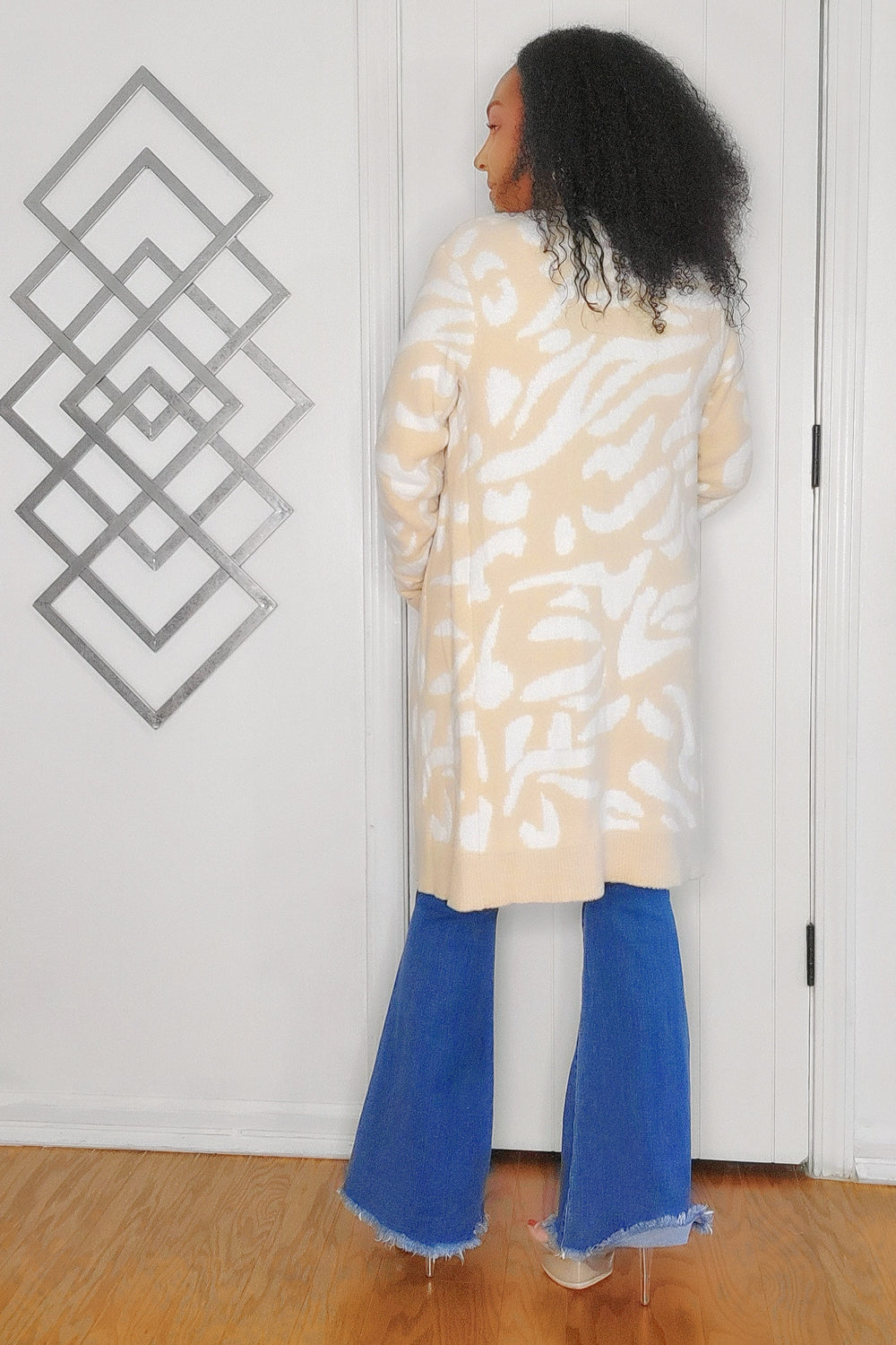 101024 The Ivory Animal Print Open Front Long Sleeve Cardigan Sweater