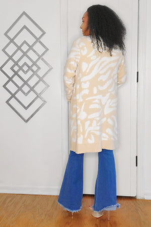 101024 The Ivory Animal Print Open Front Long Sleeve Cardigan Sweater