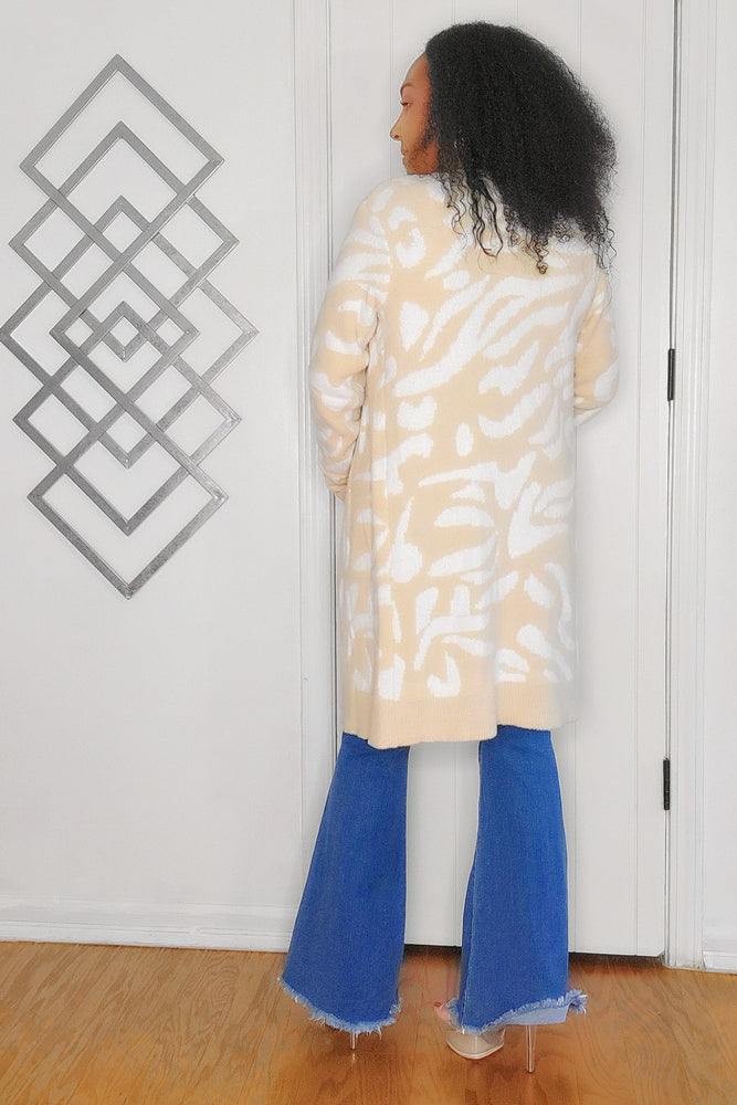 101024 The Ivory Animal Print Open Front Long Sleeve Cardigan Sweater