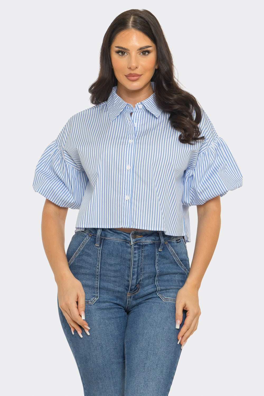 040926 The Blue Stripe Button Down Bubble Sleeve Shirts Crop Top
