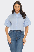 040926 The Blue Stripe Button Down Bubble Sleeve Shirts Crop Top